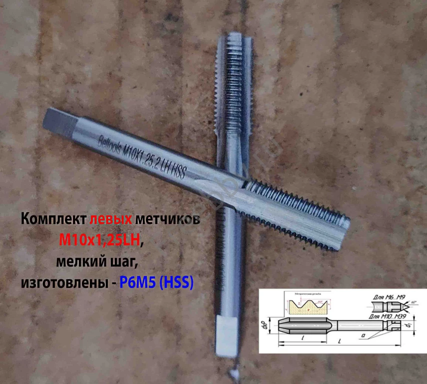 Метчик левый М10х1,25LH; к-т из 2 шт, Р6М5, м/р, 80/24 мм, мелкий шаг