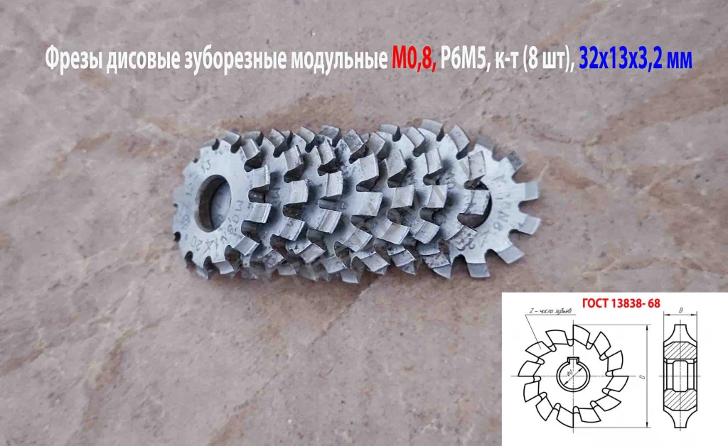 Фреза дисковая модульная зуборезная М0,8; Р6М5, 20°, Z12, к-т 8 шт