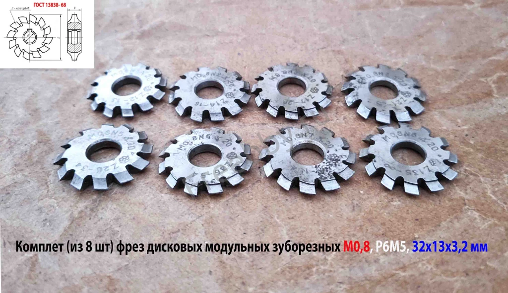 Фреза дисковая модульная зуборезная М0,8; Р6М5, 20°, Z12, к-т 8 шт