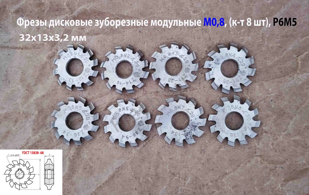 Фреза дисковая модульная зуборезная М0,8; Р6М5, 20°, Z12, к-т 8 шт