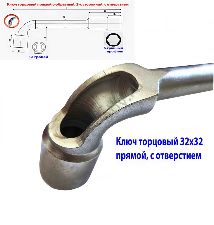 Ключ торцовый с отверстием 32х32 мм, усил, L-образ, 2-х сторон, Cr-V.