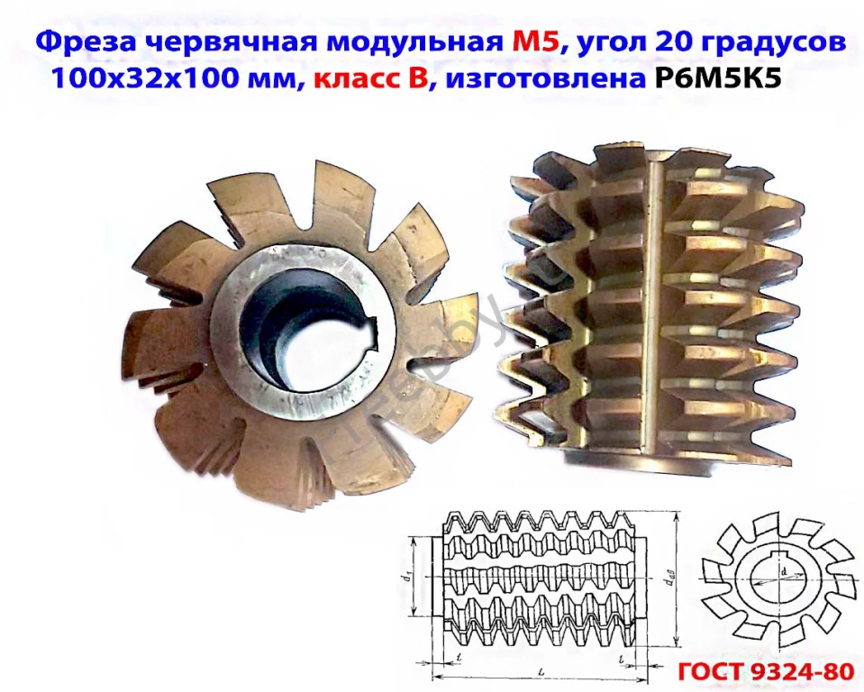 Фреза червячная модульная М5, Р6М5К5; 20 гр, кл В, 3°19'; 100х32х100.