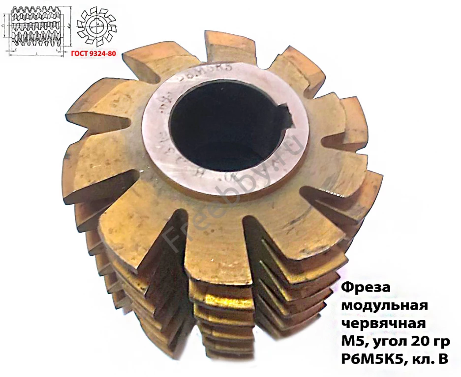 Фреза червячная модульная М5, Р6М5К5; 20 гр, кл В, 3°19'; 100х32х100.